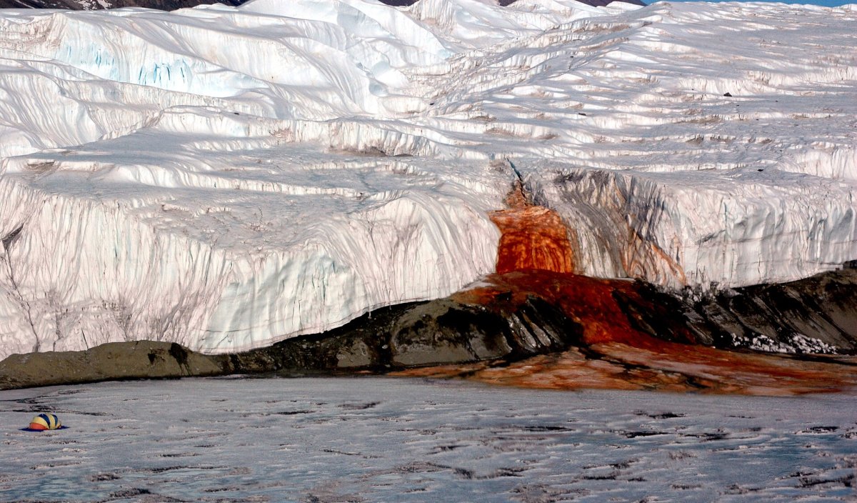 A red waterfall flows from an Antarctic glacier